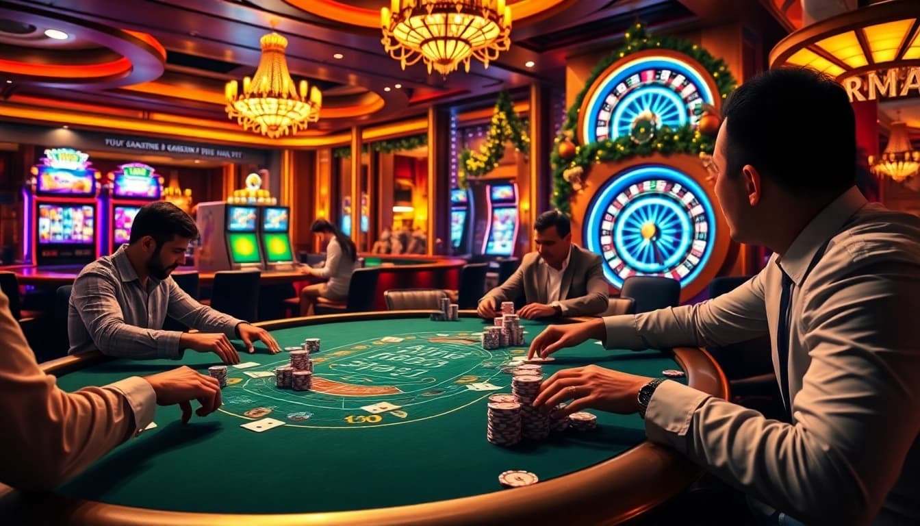 Players engage in an exciting poker game at https://789wins1.net/ with colorful slot machines and festive casino decor.