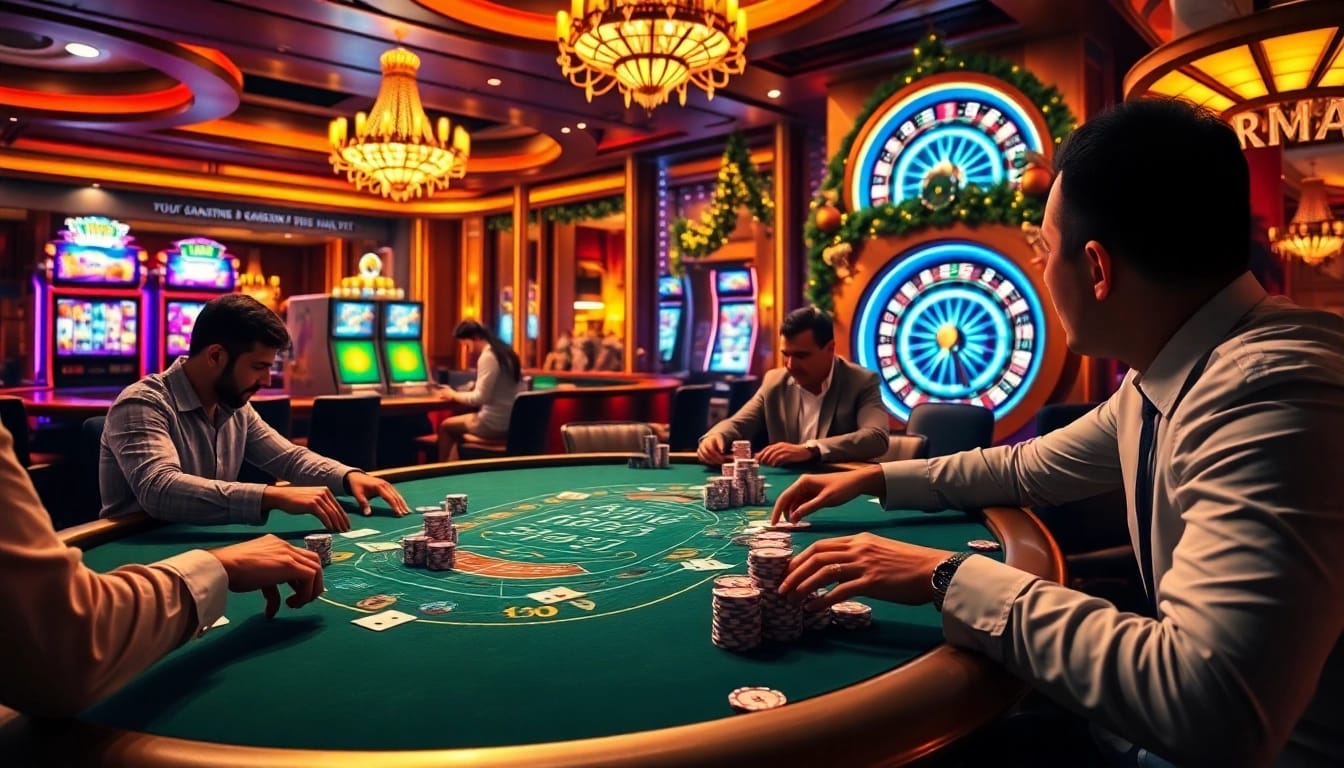 Players engage in an exciting poker game at https://789wins1.net/ with colorful slot machines and festive casino decor.