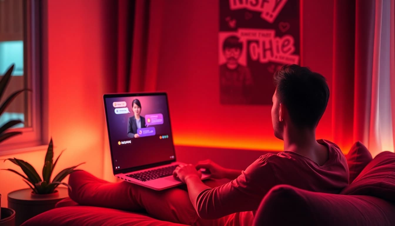 Engaging NSFW character AI chat displayed on a sleek laptop in a cozy room, inviting atmosphere.