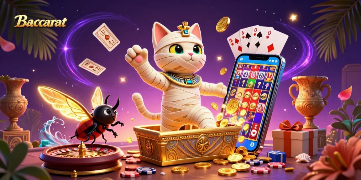 Baccarat gaming action featuring a mummy cat and scarab beetle in an exciting casino scene.