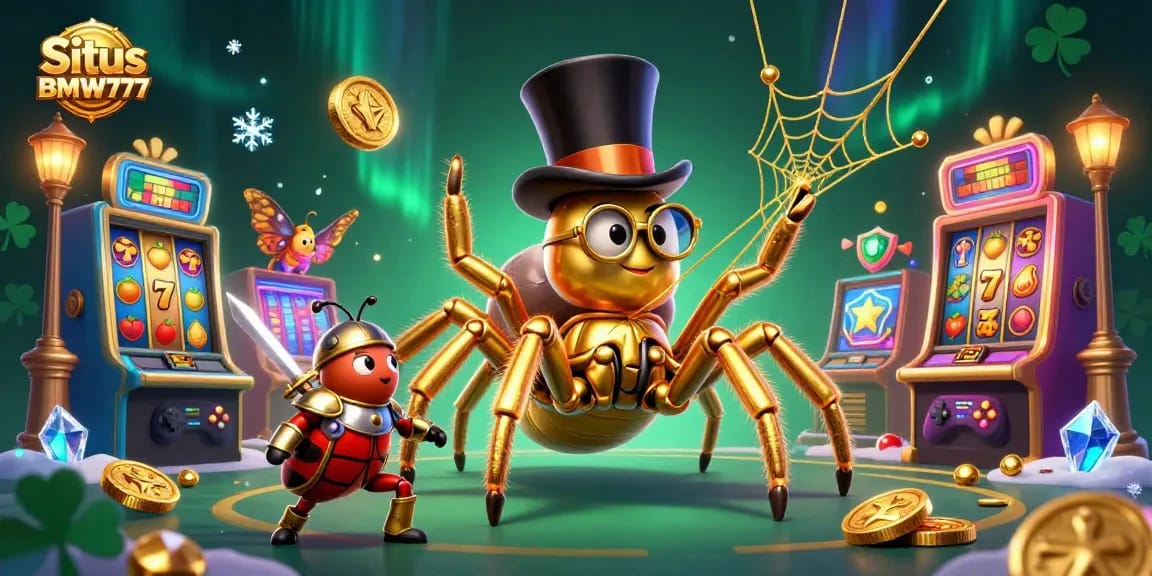 Situs BMW777 showcases a vibrant 3D scene with a golden tarantula, beetle knight, and slot machines.