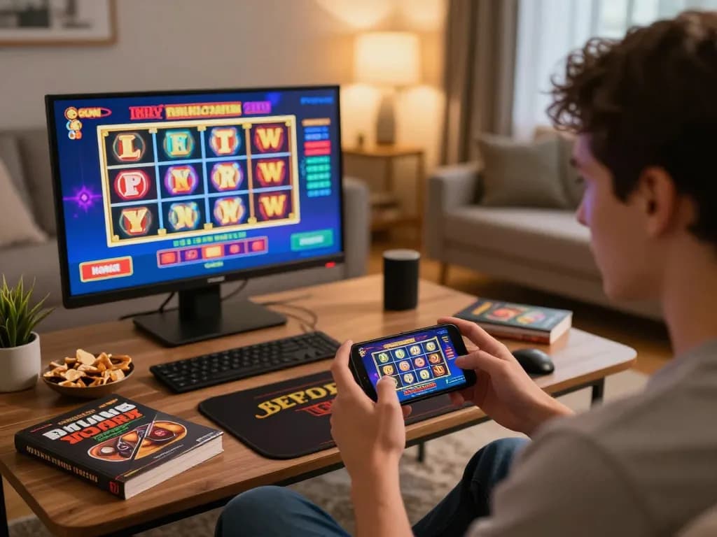 Engaging with m116 mobile casino games on smartphone in a cozy home setting.