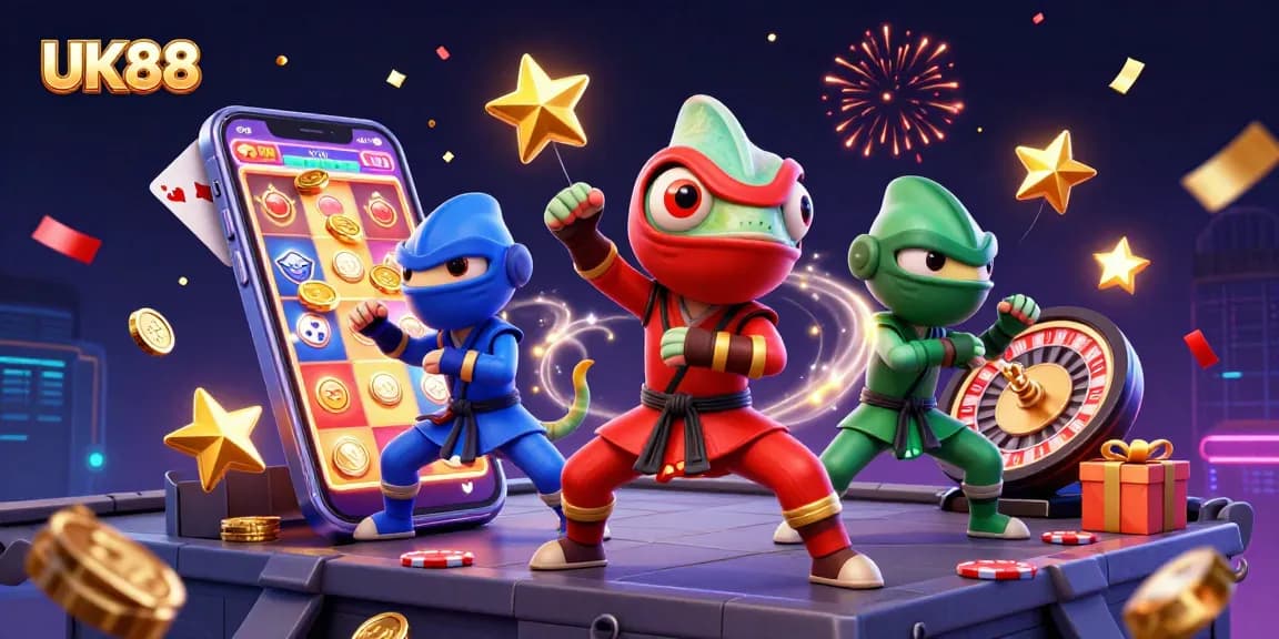 Experience the excitement of UK88 with vibrant gambling elements in a dynamic ninja scene.