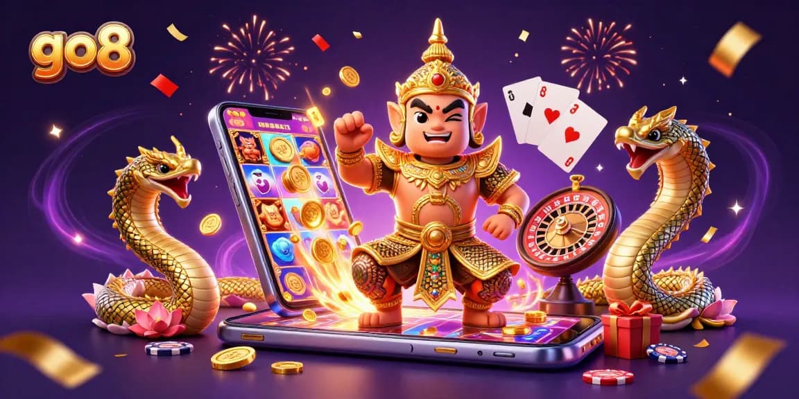 Experience the excitement of go8 with a lively 3D casino scene featuring slot games and guardians!