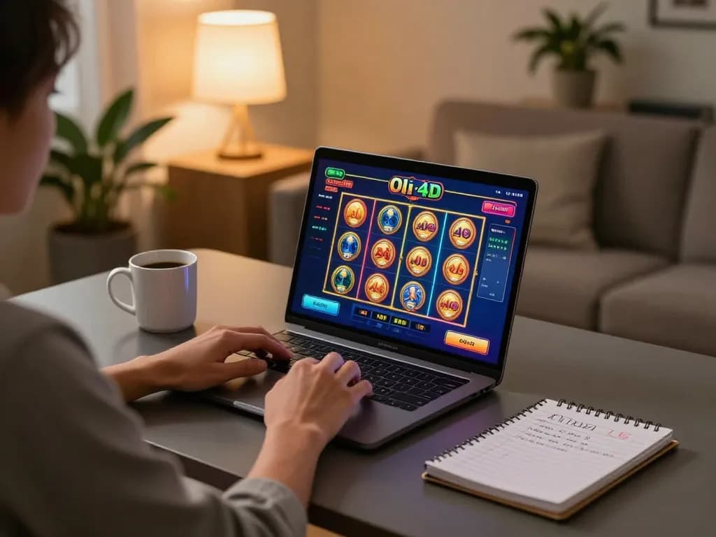 Engaging scene of a player enjoying oli 4d online casino experience on a laptop at home.