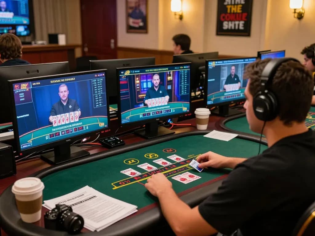 Gamer engrossed in LC88 live dealer blackjack on multiple screens