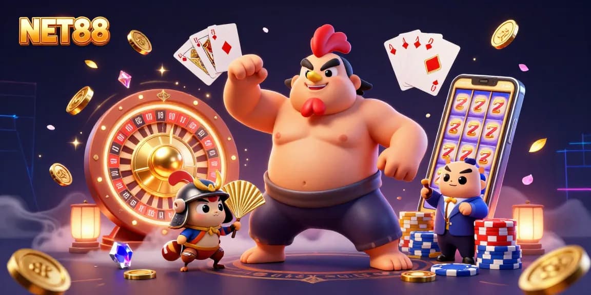 NET88 offers thrilling moments with a dynamic casino scene featuring a sumo rooster and rich game elements.