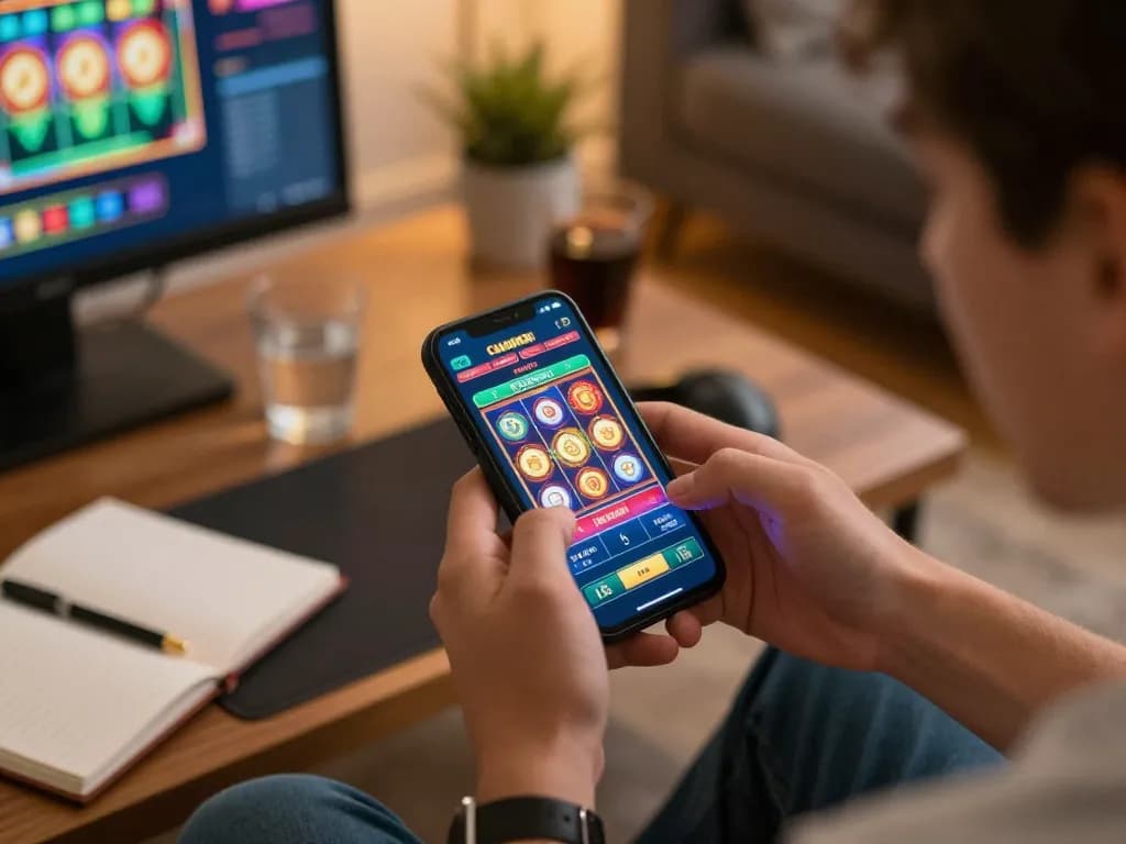 Engaging with AZTEC888 online slot game on smartphone while relaxing at home