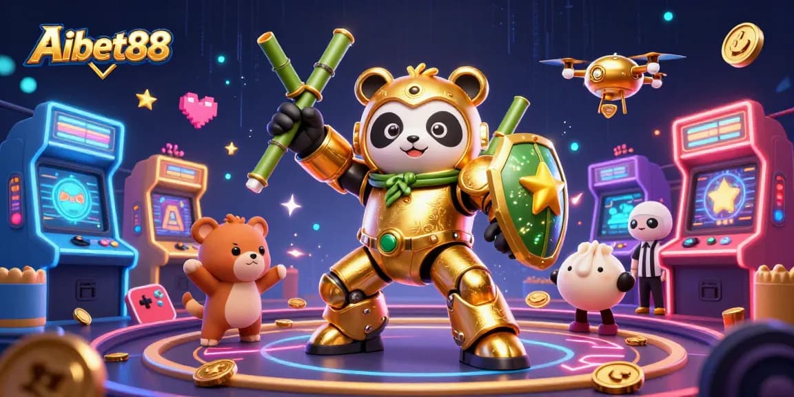 Aibet88 showcases a vibrant gaming arena with a golden panda and arcade elements enhancing excitement for gamblers.