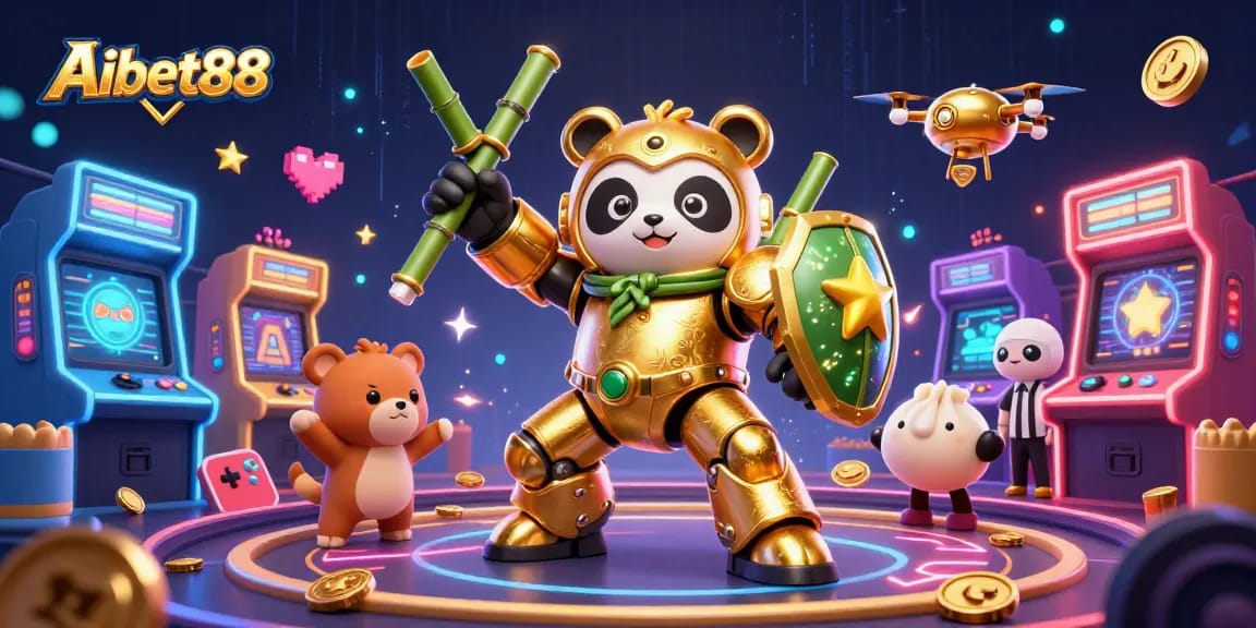 Aibet88 showcases a vibrant gaming arena with a golden panda and arcade elements enhancing excitement for gamblers.