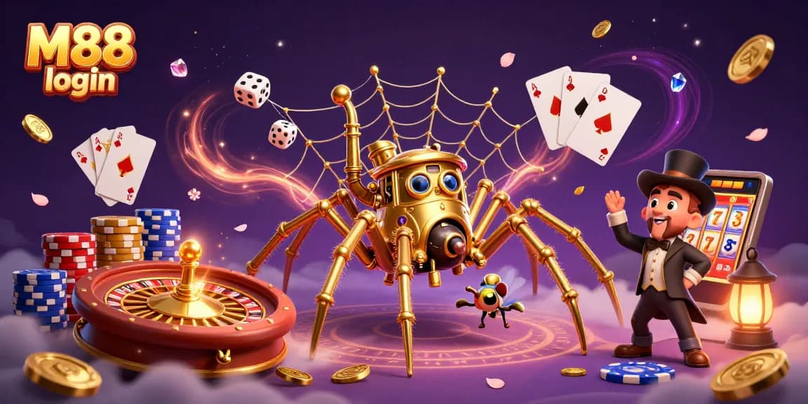 M88 login scene with a steampunk spider, golden chains, and vibrant casino elements.