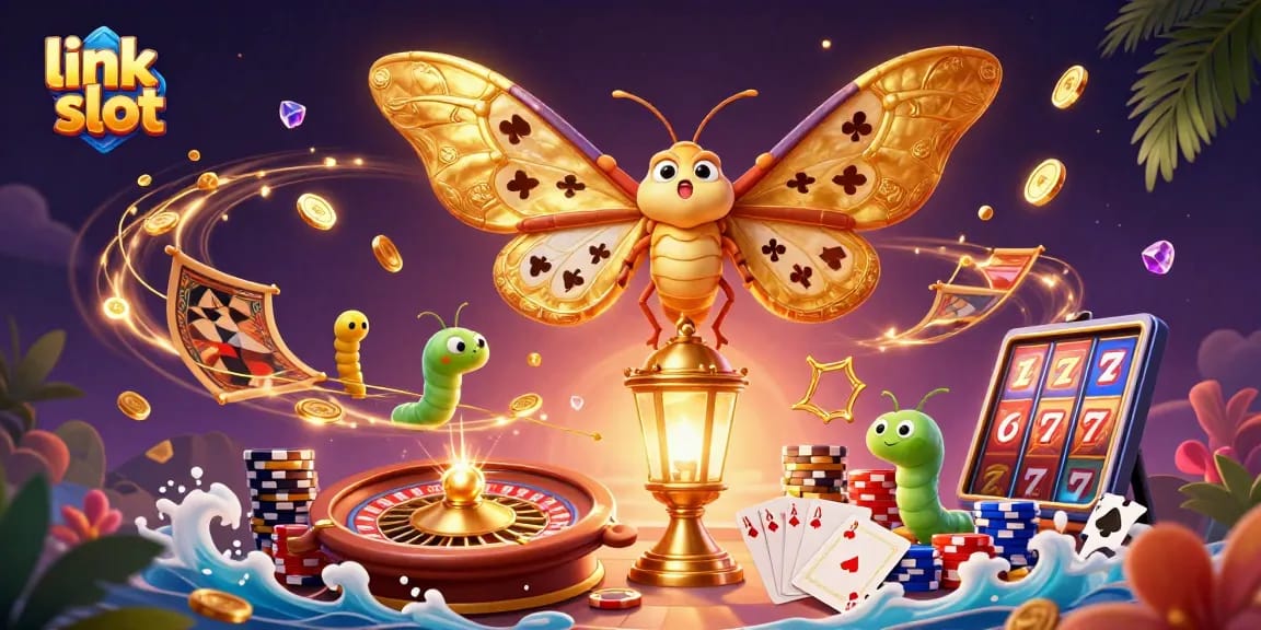 Link slot menyajikan ilustrasi menarik tentang kasino dengan motif kupu-kupu dan elemen judi lainnya.