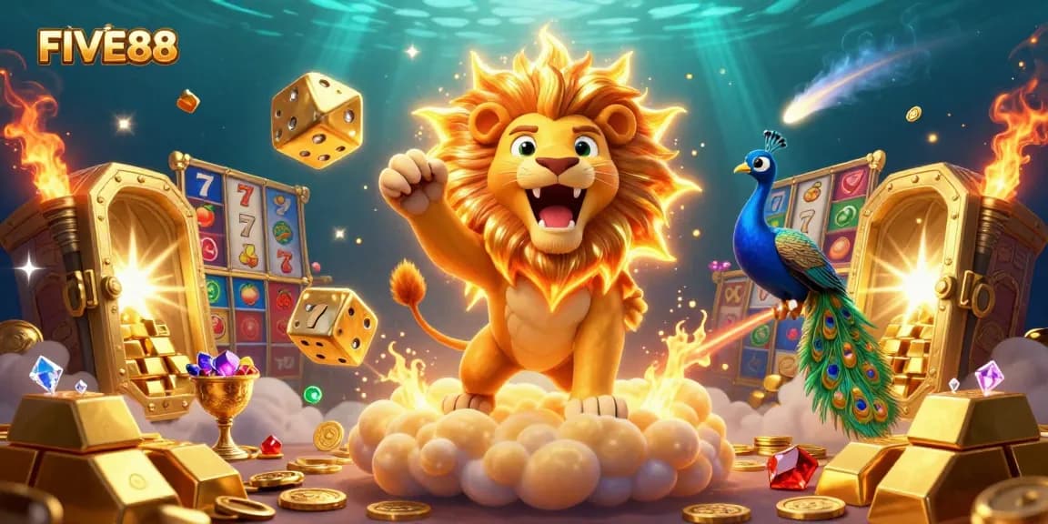 Engage in the vibrant casino adventure of FIVE88 with a roaring sun lion, golden dice, and dazzling treasures.