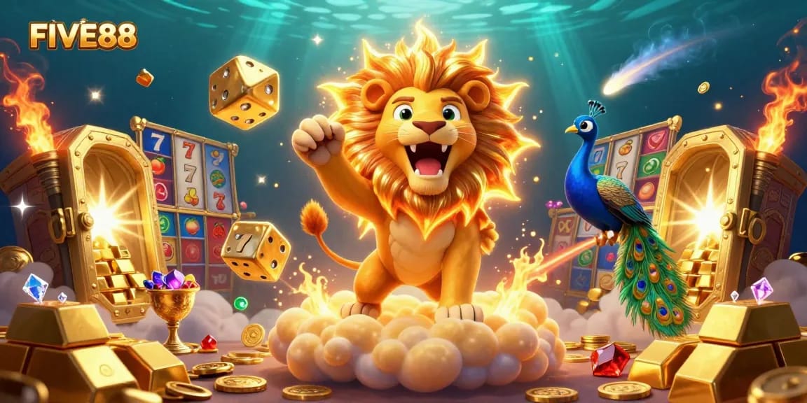 Engage in the vibrant casino adventure of FIVE88 with a roaring sun lion, golden dice, and dazzling treasures.