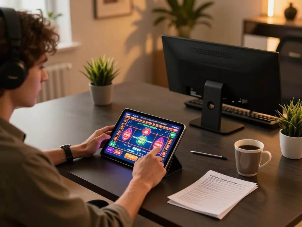 Engaging in online gaming at 32win with a colorful setup and strategic notes nearby