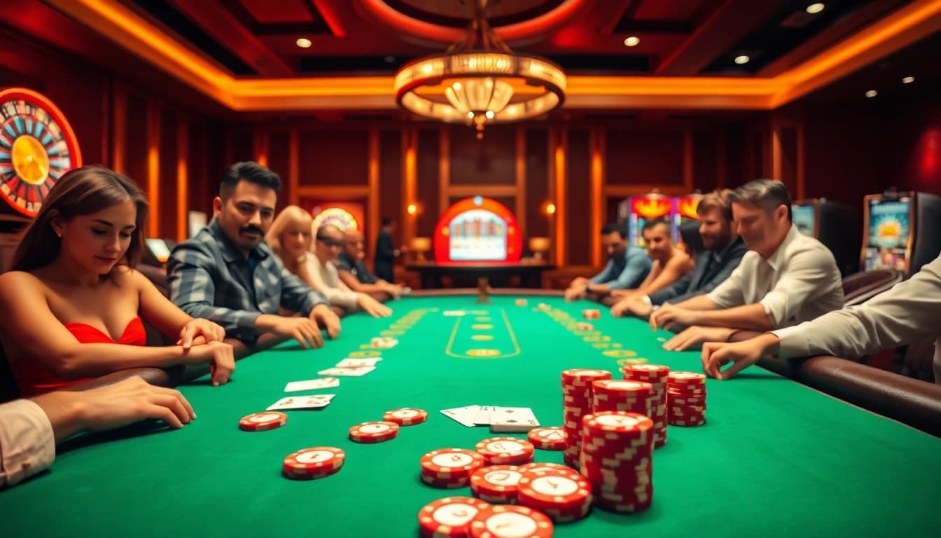 Players enjoying poker at https://789wins1.net/, surrounded by vibrant casino elements and luxury ambiance.