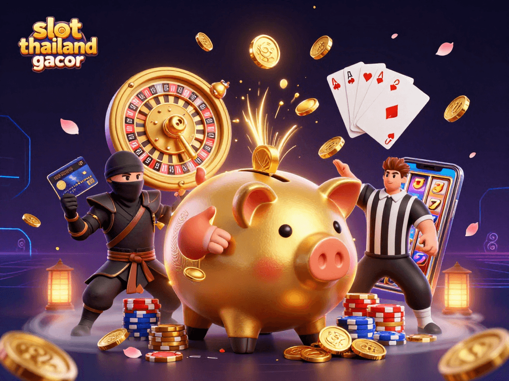 Experience slot thailand gacor with dynamic 3D casino characters amidst a whirlwind of coins and gems.
