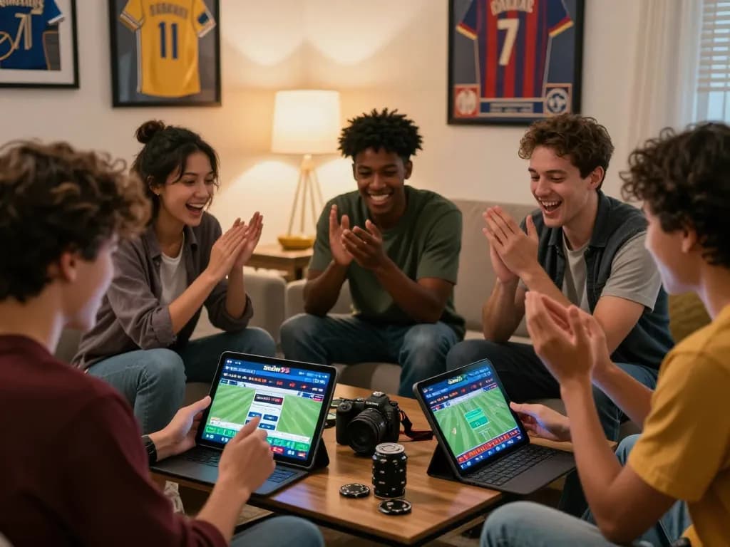 Teman-teman merayakan dengan taruhan sbobet93 mobile di ruang tamu yang nyaman, menampilkan memorabilia olahraga.
