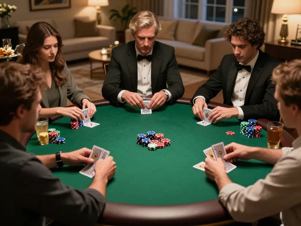 Engaged players enjoying a friendly poker game, showcasing kk55 strategies and chips in action.