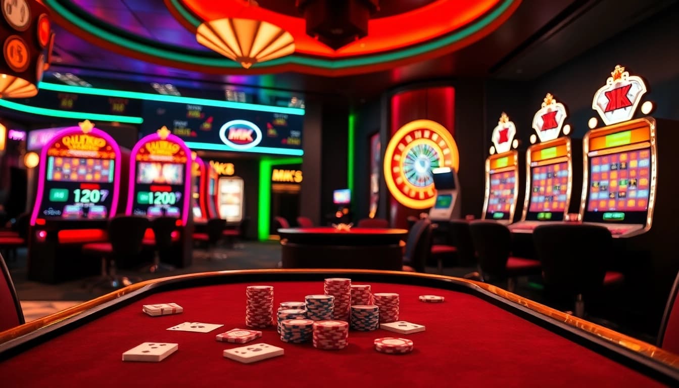 Experience the excitement of MK8 online betting with vibrant casino visuals featuring poker chips and slot machines.