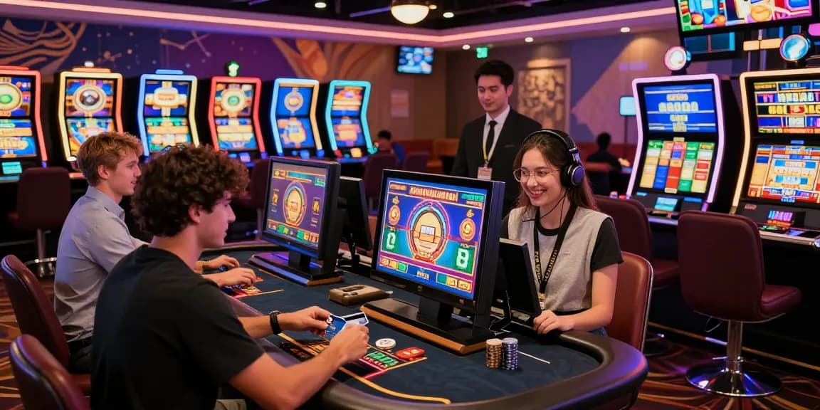 Exciting scene of online casinos that accept credit cards with players engaging at gaming stations and using credit cards for deposits.