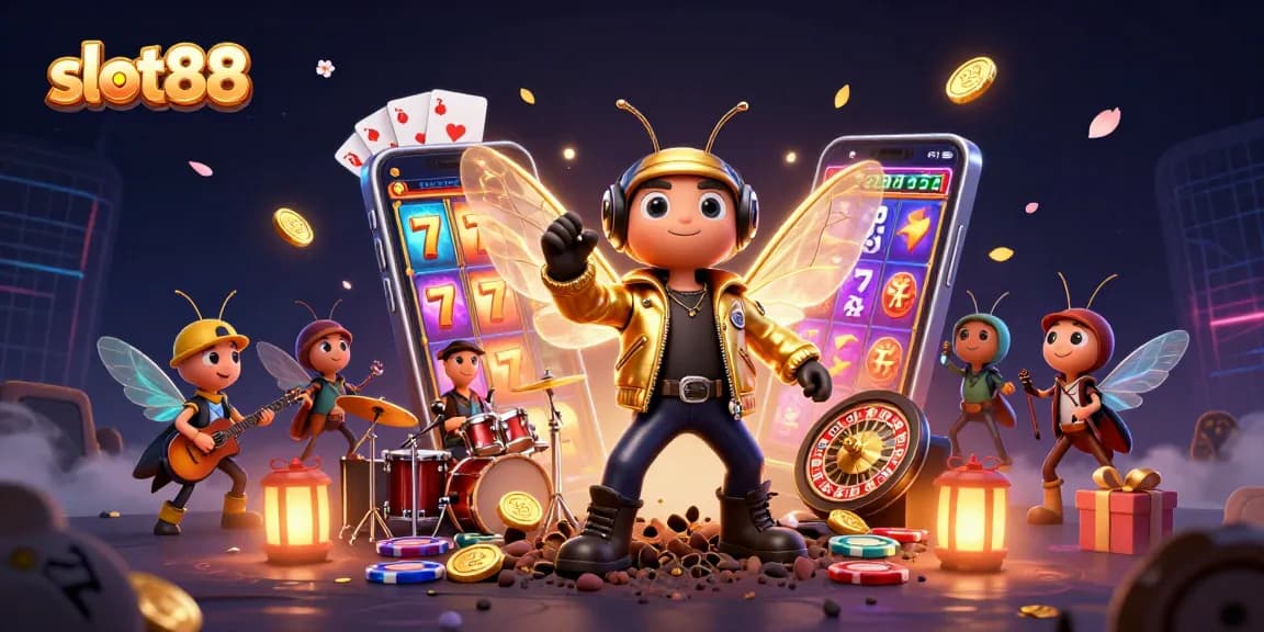 Permainan slot88 menampilkan cicada rock star dan drummer, di tengah bersinar dengan simbol keberuntungan.