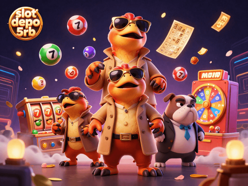 Engage with slot depo 5rb in a vibrant casino scene featuring raptors and lottery elements.
