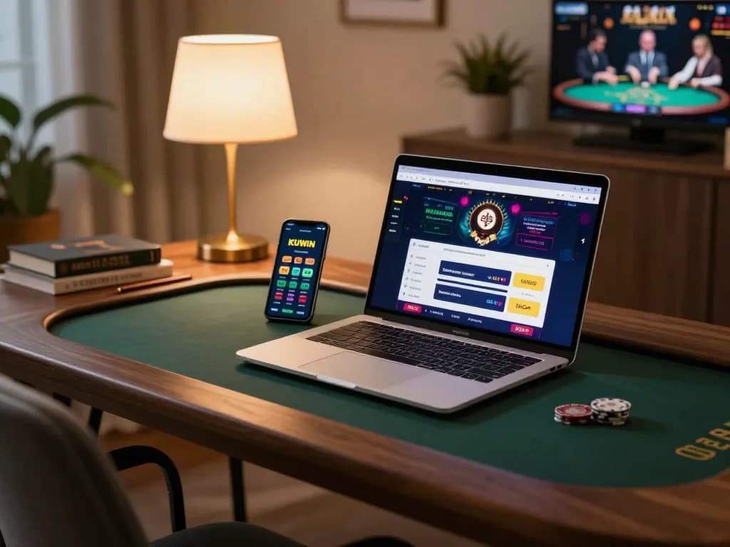Kuwin online casino gaming setup with laptop and smartphone, showcasing engaging betting opportunities
