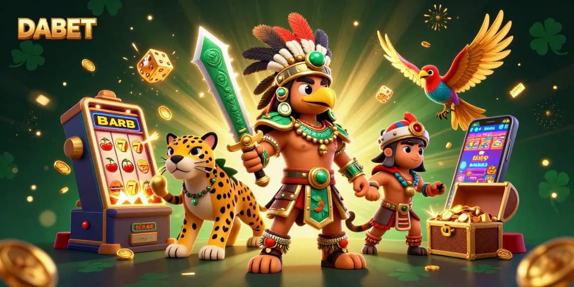 DABET slot event featuring Aztec eagle and jaguar warriors amidst jackpot symbols and dynamic casino elements.