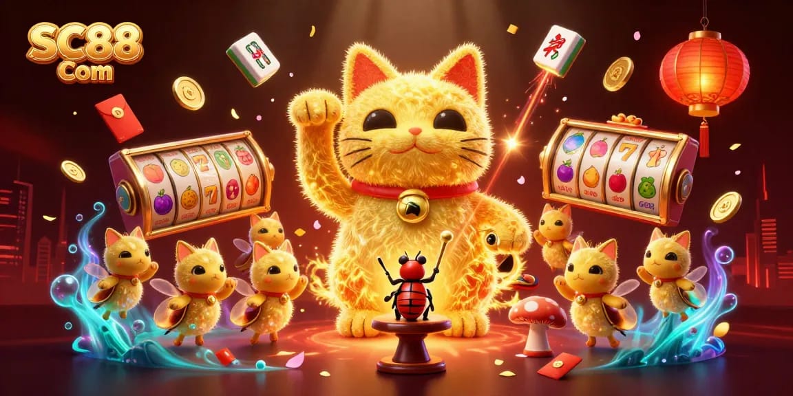 Experience the vibrant energy of SC88 Com with a golden cat and dynamic slot reels in a vivid illustration.