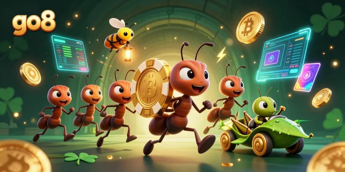Experience excitement while betting at go8 with a team of animated ants stealing a massive poker chip.
