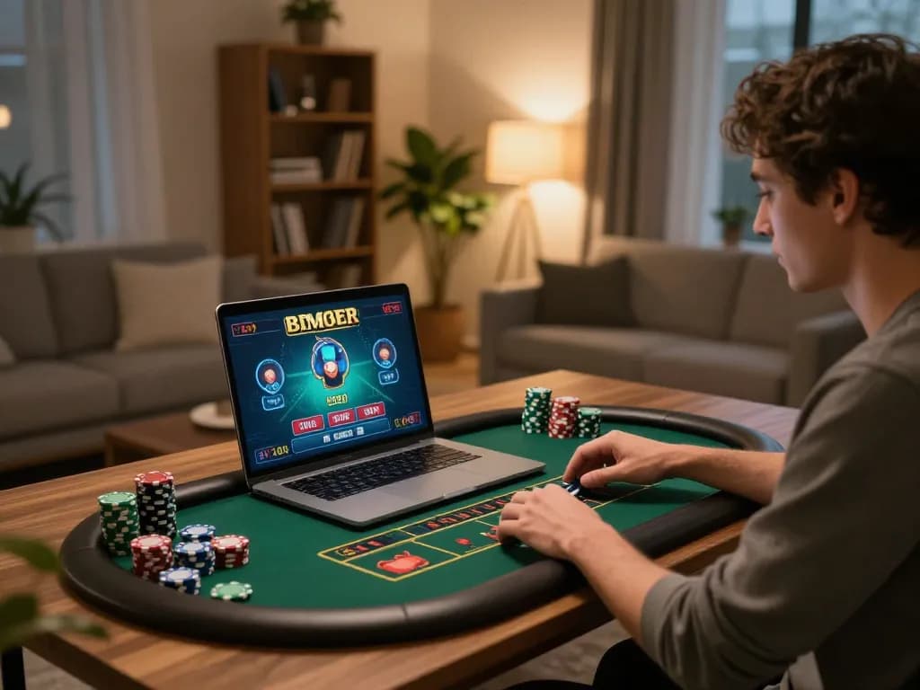 Engaging in online casino gameplay with hitclub chips organized, showcasing strategic play at a stylish home desk