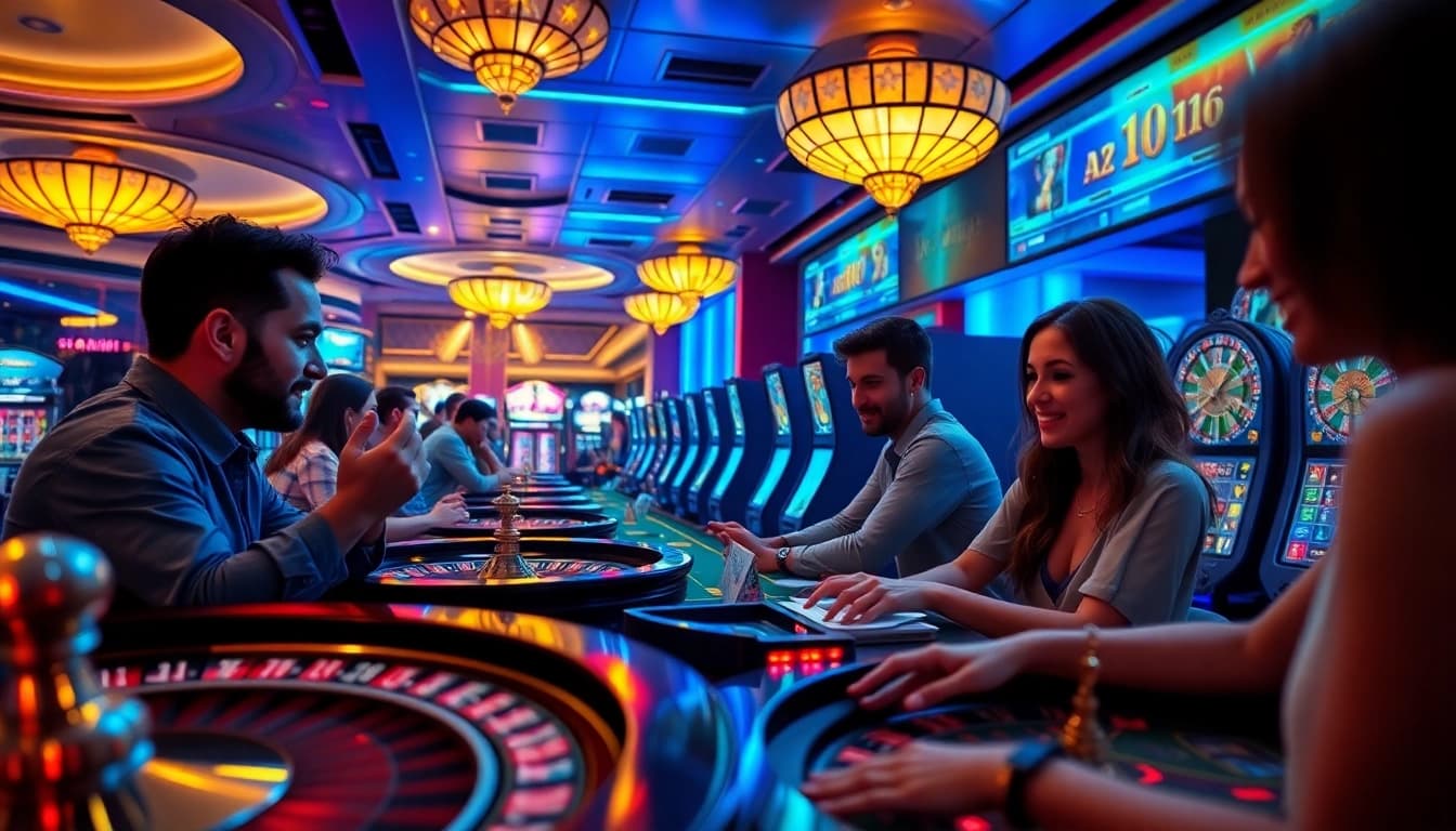 Exciting players engage with a porn game backdrop in a luxurious casino environment.