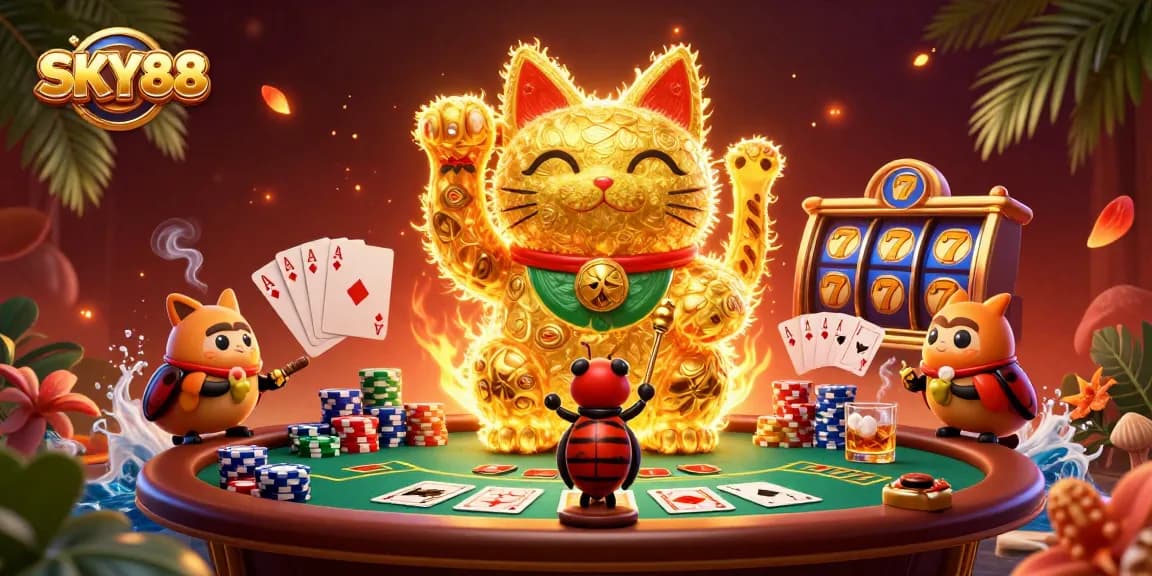Experience the thrill of SKY88 with a lucky cat surrounded by vibrant casino elements.
