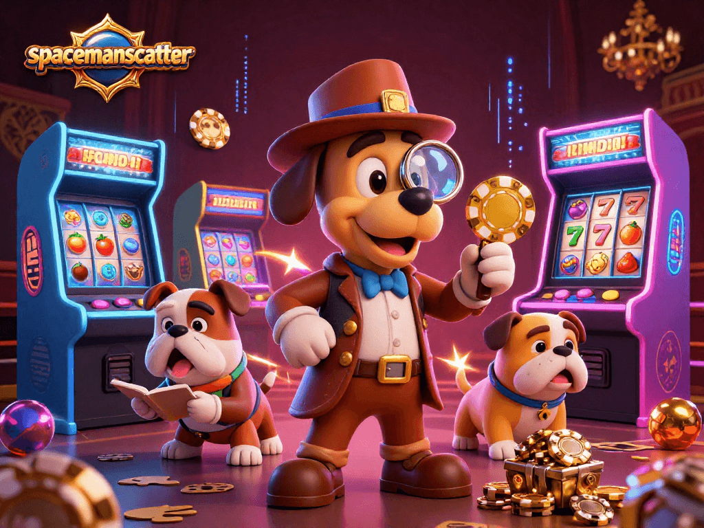 Engage with spacemanscatter as a detective dog investigates poker chip treasures amid vibrant casino fun.