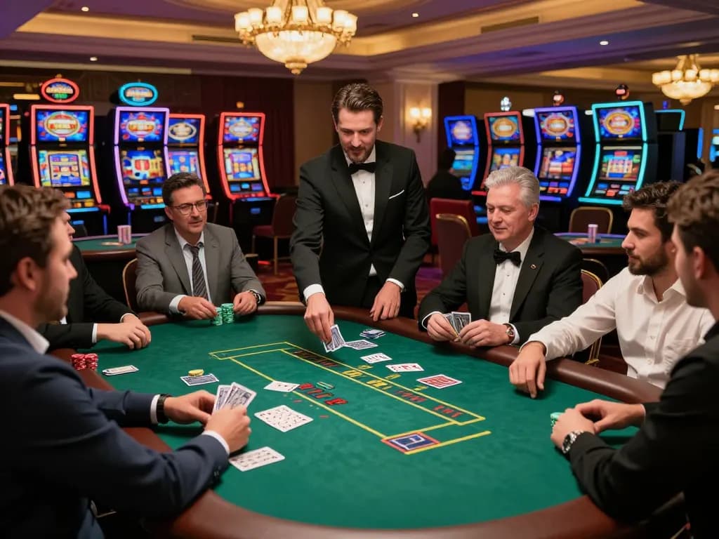 Players engaged in a high-stakes blackjack game at 388bet casino, showcasing excitement and elegant decor