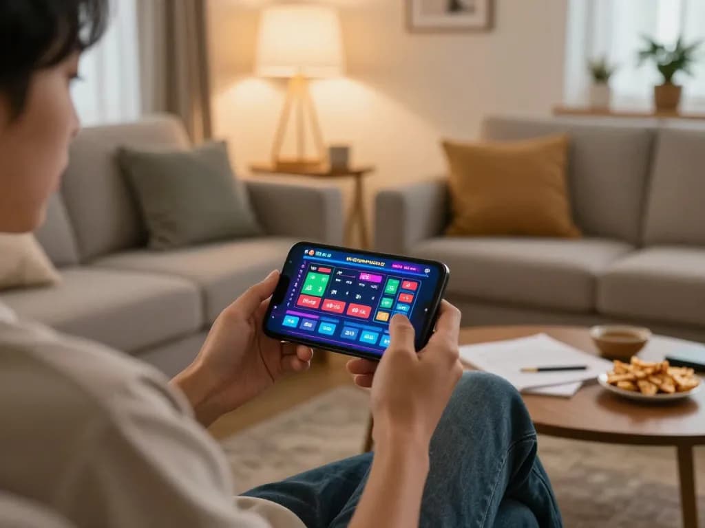 Engaging in đánh đề online from the comfort of home with a smartphone, revealing a warm, strategic gaming atmosphere