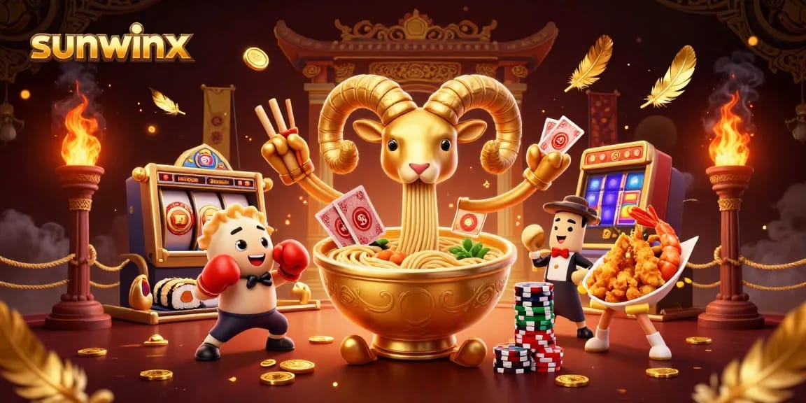Experience thrilling action with sunwinx in a vibrant casino scene featuring a golden ramen bowl dealer.