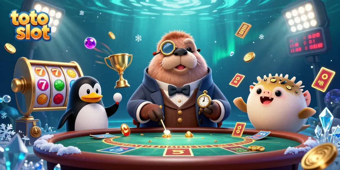 Toto slot game scene with a jolly walrus and penguin dealer at a vibrant underwater casino.
