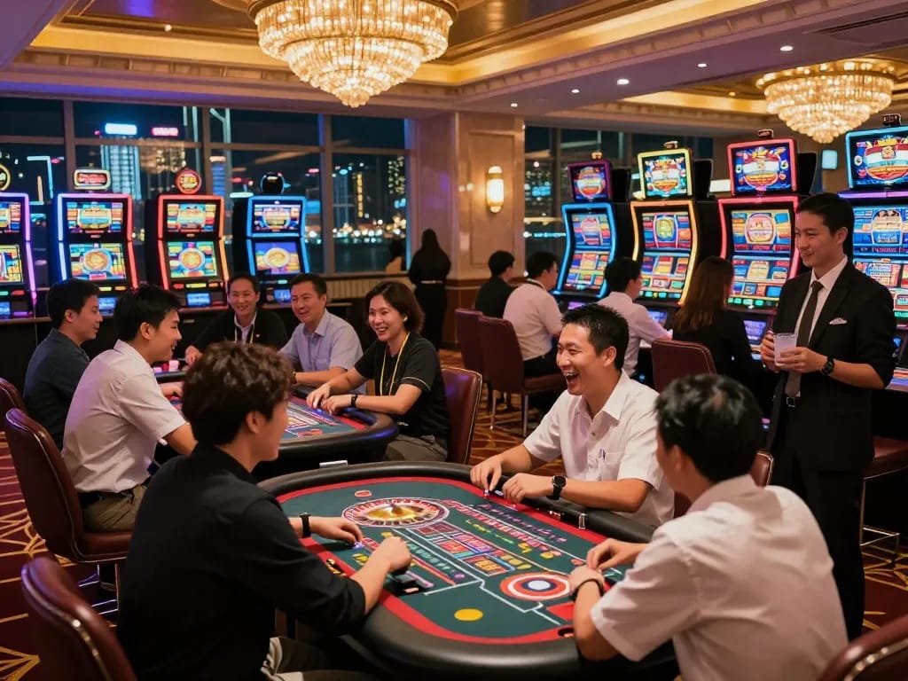 Exciting casino hong kong scene with vibrant players at roulette and slot machines.