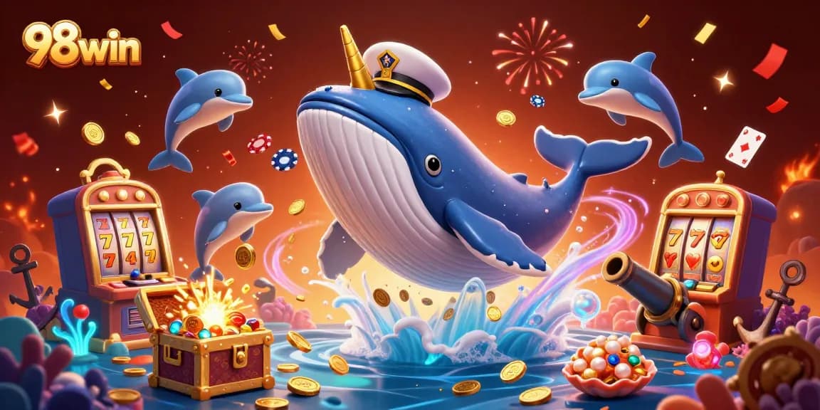 Experience the thrill of 98win with a whale breaching through coins in a vibrant casino scene.