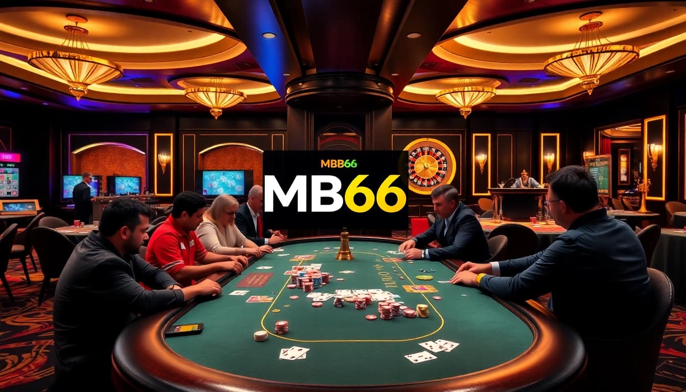 Engaging poker scene at MB66 casino with vibrant chips and players focused on winning.