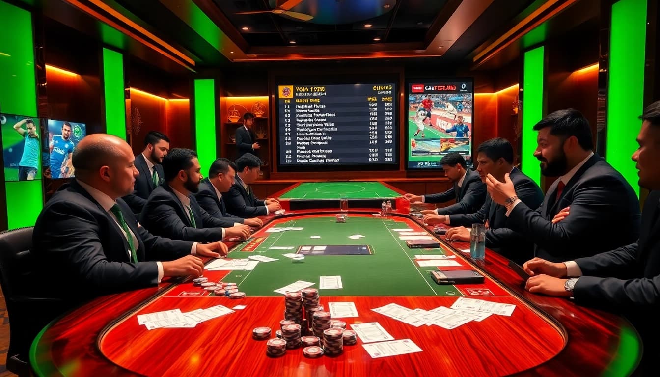 Engage with เทคนิคแทงบอล strategies at a vibrant sports betting table surrounded by excited players and betting slips.