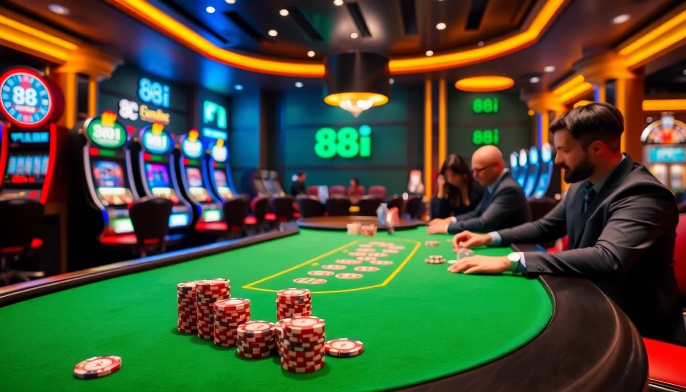 Players strategizing at a poker table in a luxurious casino setting showcasing 88i.