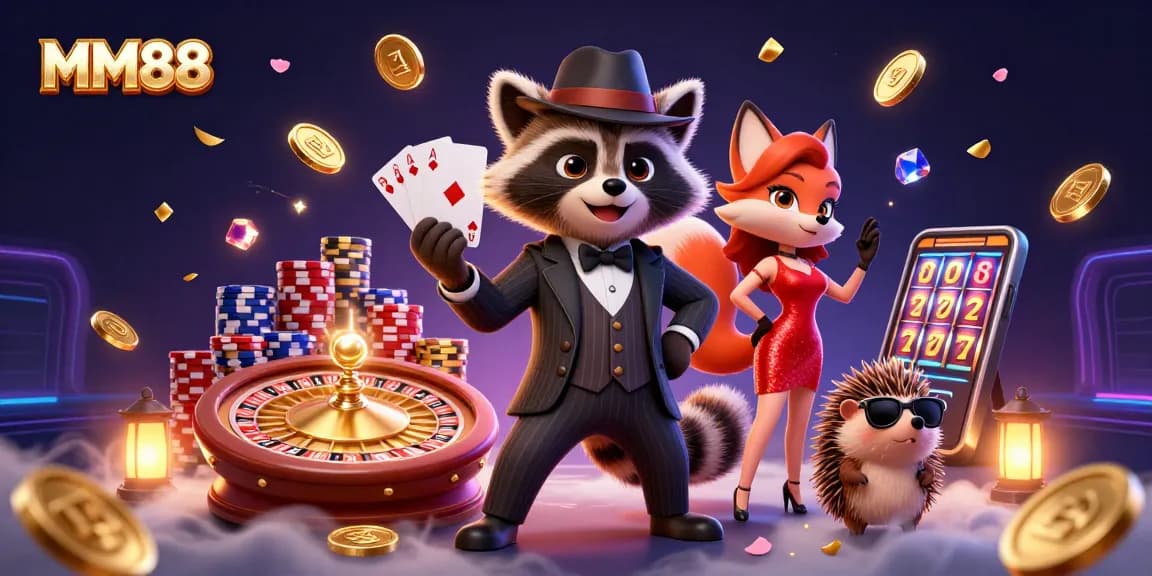 Experience gaming excitement with MM88's royal flush and vibrant casino elements.