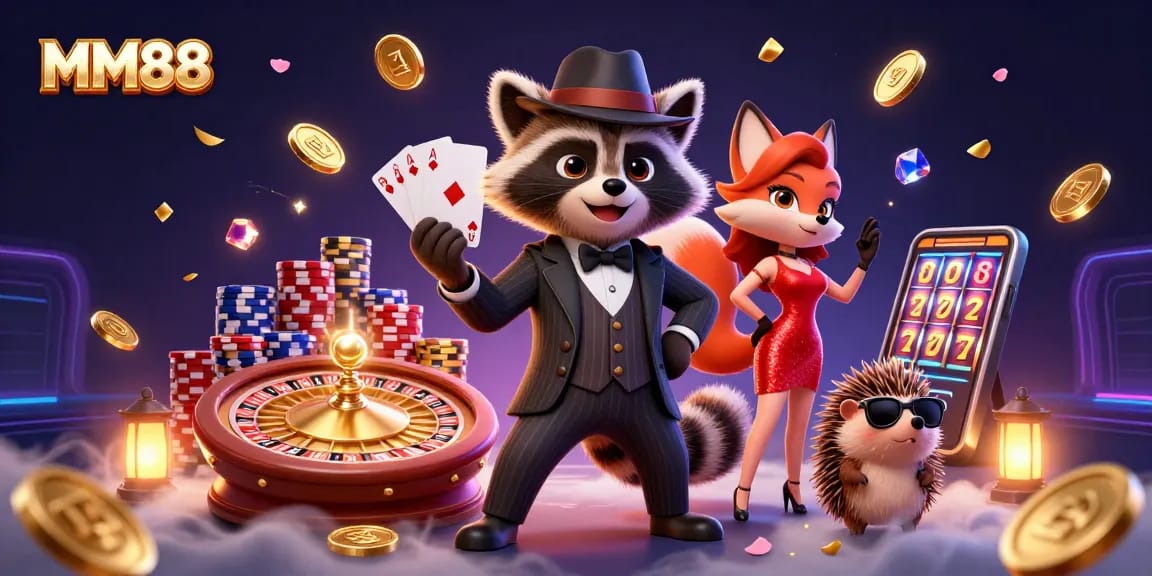 Experience gaming excitement with MM88's royal flush and vibrant casino elements.