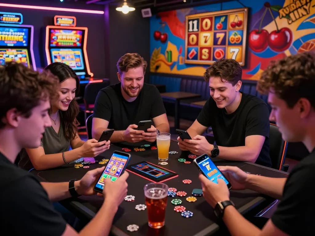Penggemar permainan situs slot gacor menikmati permainan slot yang meriah di lounge yang hidup.
