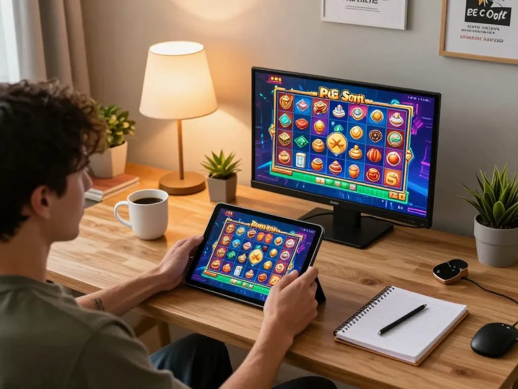 Permainan menarik dari Demo Slot PG Soft Mahjong di tablet, menghadirkan suasana permainan di rumah dan visual yang cerah.