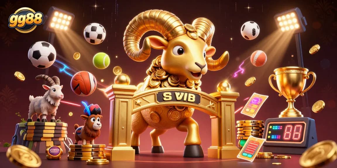 gg88 showcases a dynamic 3D scene with a golden ram and vibrant sports elements, capturing the casino excitement.