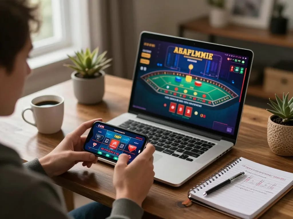 Casinos not on gamstop showcased with a vibrant home gaming setup featuring mobile gaming.